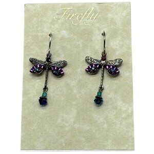 Firefly Dragonfly Dangle Earrings With Purple & Teal Beads On Silver-Tone Hooks